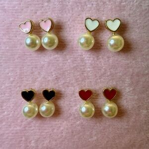 Enamel Heart Earrings with Faux Pearl